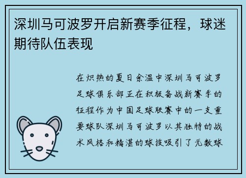 深圳马可波罗开启新赛季征程，球迷期待队伍表现