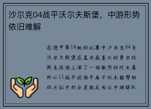 沙尔克04战平沃尔夫斯堡，中游形势依旧难解