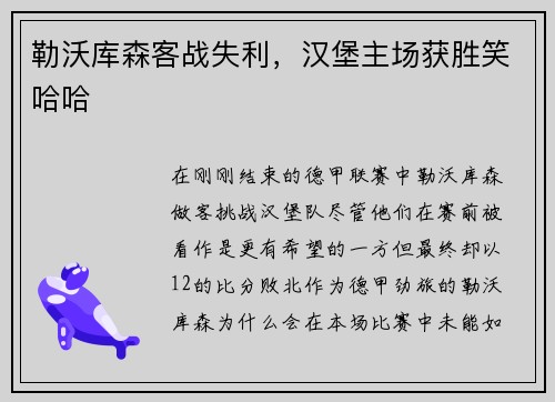 勒沃库森客战失利，汉堡主场获胜笑哈哈