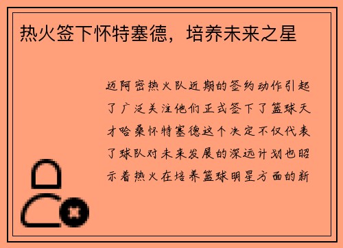 热火签下怀特塞德，培养未来之星