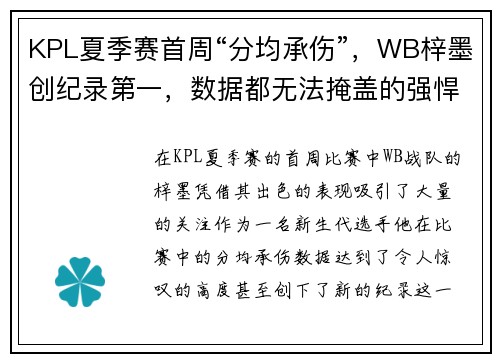 KPL夏季赛首周“分均承伤”，WB梓墨创纪录第一，数据都无法掩盖的强悍表现