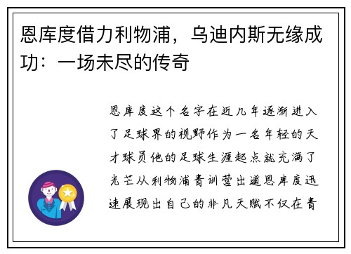 恩库度借力利物浦，乌迪内斯无缘成功：一场未尽的传奇