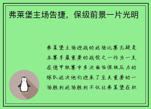 弗莱堡主场告捷，保级前景一片光明