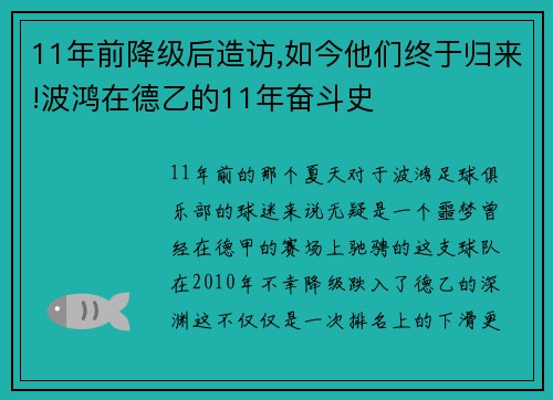 11年前降级后造访,如今他们终于归来!波鸿在德乙的11年奋斗史