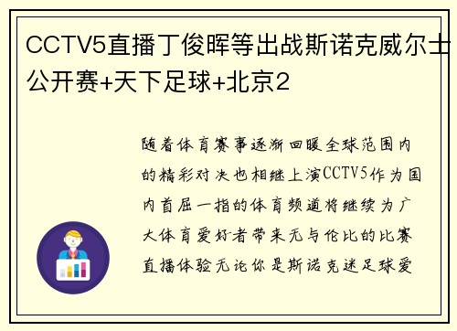 CCTV5直播丁俊晖等出战斯诺克威尔士公开赛+天下足球+北京2