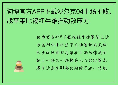 狗博官方APP下载沙尔克04主场不败，战平莱比锡红牛难挡劲敌压力