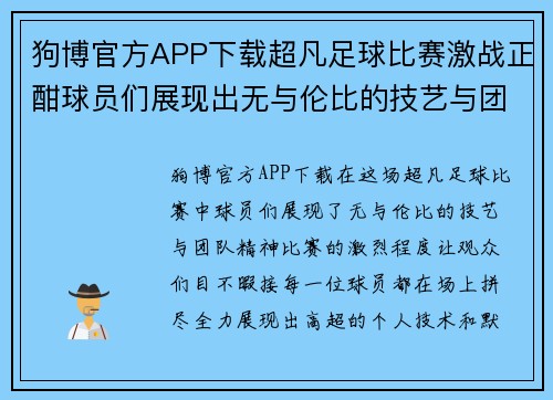 狗博官方APP下载超凡足球比赛激战正酣球员们展现出无与伦比的技艺与团队精神