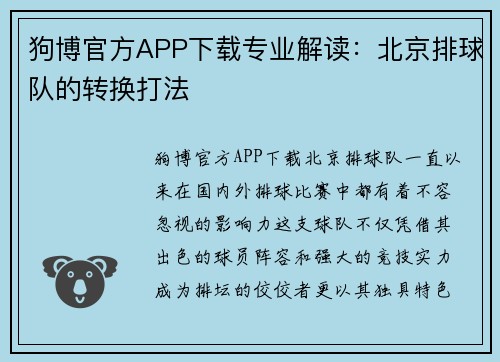 狗博官方APP下载专业解读：北京排球队的转换打法