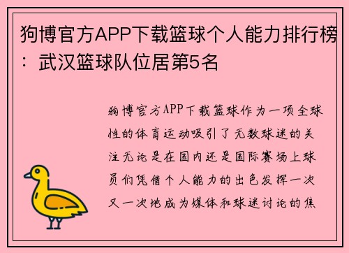 狗博官方APP下载篮球个人能力排行榜：武汉篮球队位居第5名