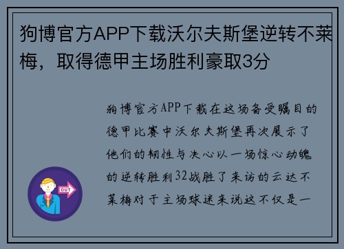狗博官方APP下载沃尔夫斯堡逆转不莱梅，取得德甲主场胜利豪取3分