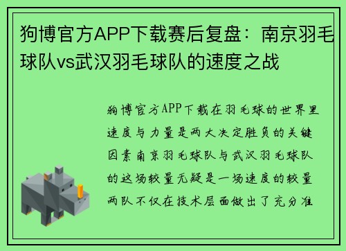狗博官方APP下载赛后复盘：南京羽毛球队vs武汉羽毛球队的速度之战
