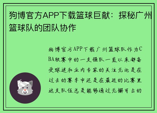 狗博官方APP下载篮球巨献：探秘广州篮球队的团队协作